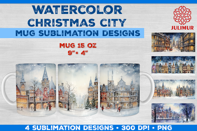 Watercolor Christmas City Mug Sublimation Design