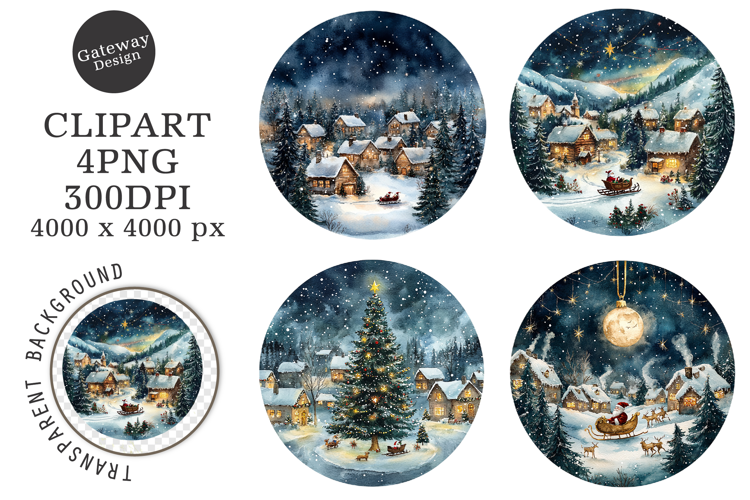 Watercolor Christmas Night Ornament Clipart