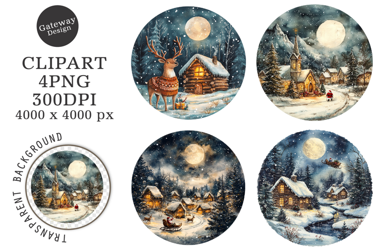 Watercolor Christmas Night Ornament Clipart