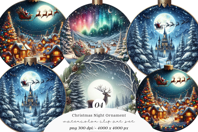 Watercolor Christmas Night Ornament Clipart