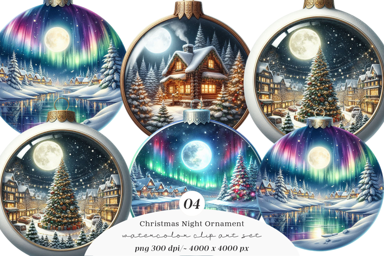 Watercolor Christmas Night Ornament Clipart