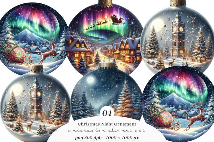 Watercolor Christmas Night Ornament Clipart