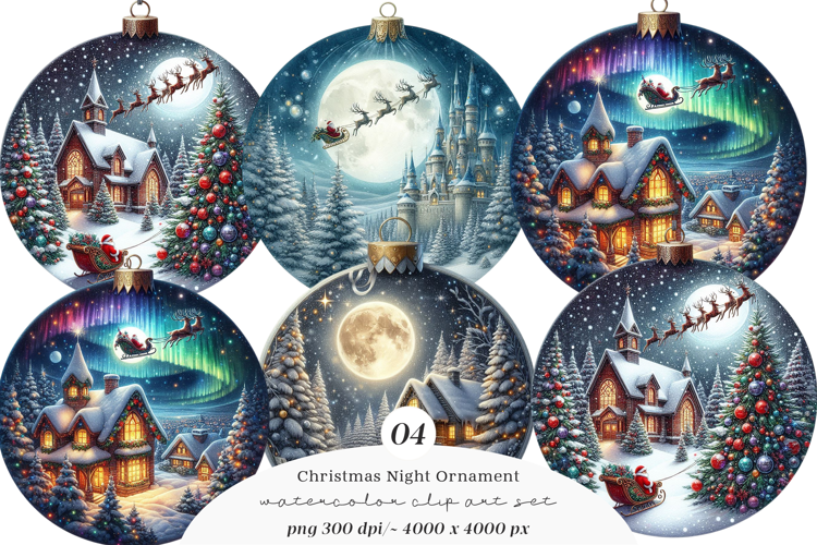 Watercolor Christmas Night Ornament Clipart