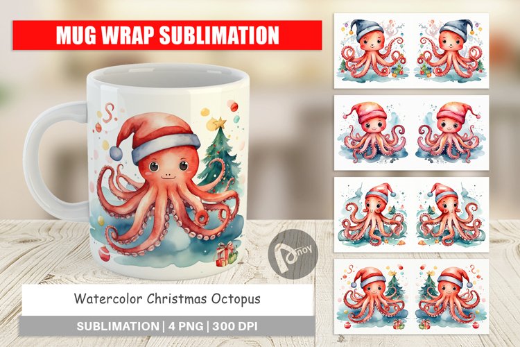 Mug Wrap Design Watercolor Christmas Octopus