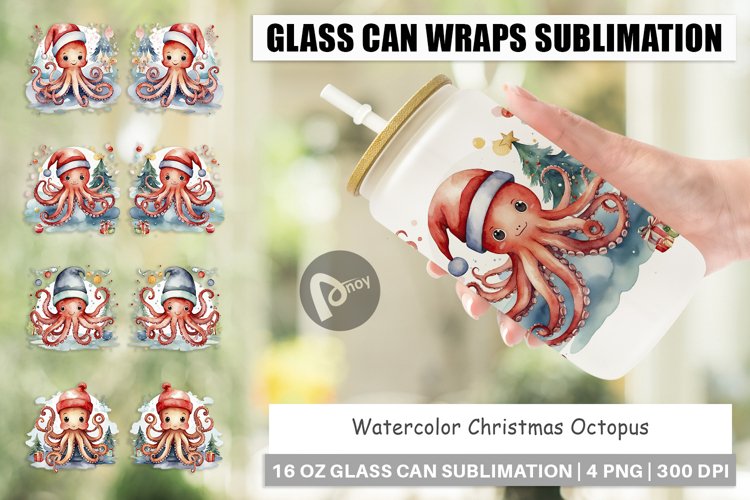 Glass Can Wraps Watercolor Christmas Octopus