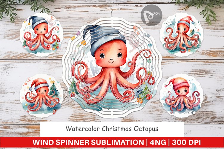 Wind Spinner Watercolor Christmas Octopus