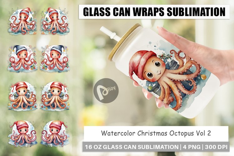 Glass Can Wraps Watercolor Christmas Octopus