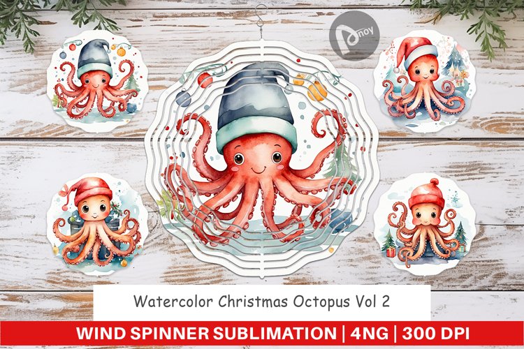 Wind Spinner Watercolor Christmas Octopus