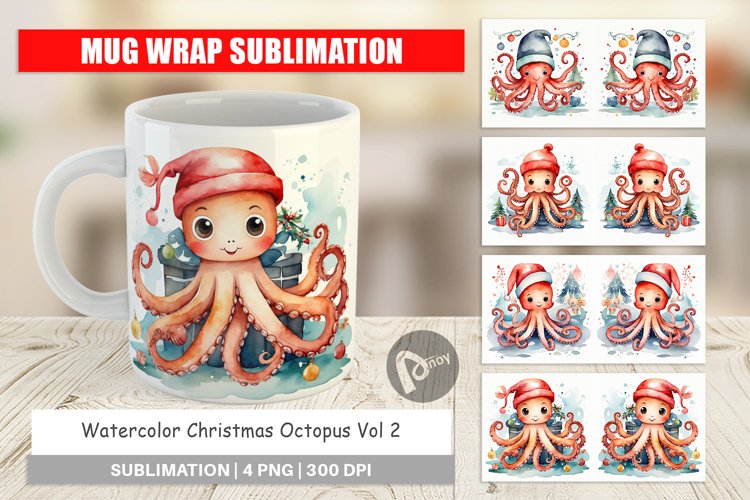 Mug Wrap Design Watercolor Christmas Octopus