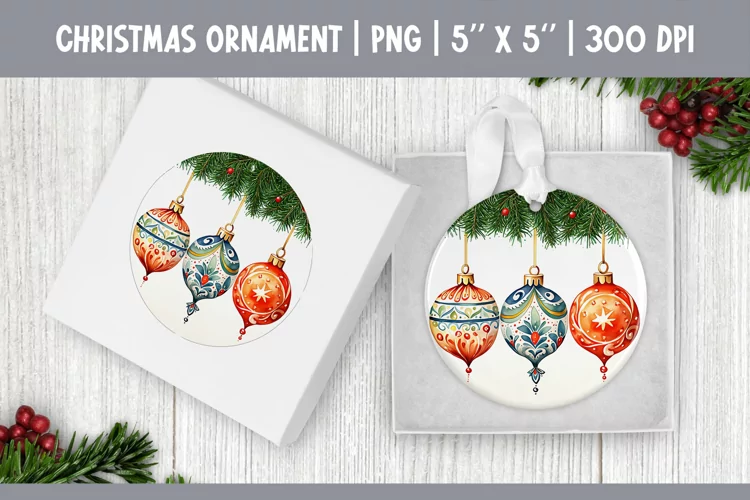 Watercolor Christmas Ornament Sublimation Design PNG