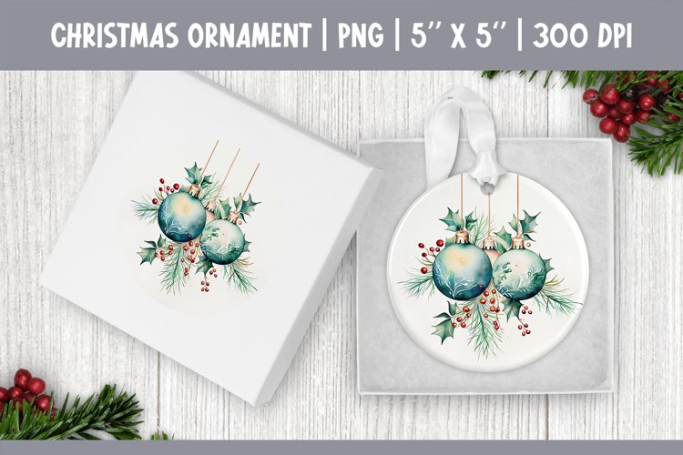 Watercolor Christmas Ornament Sublimation Design PNG