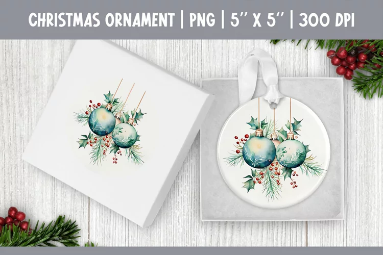 Watercolor Christmas Ornament Sublimation Design PNG