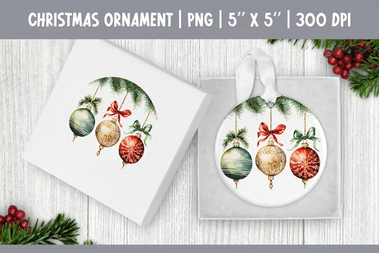 Watercolor Christmas Ornament Sublimation Design PNG