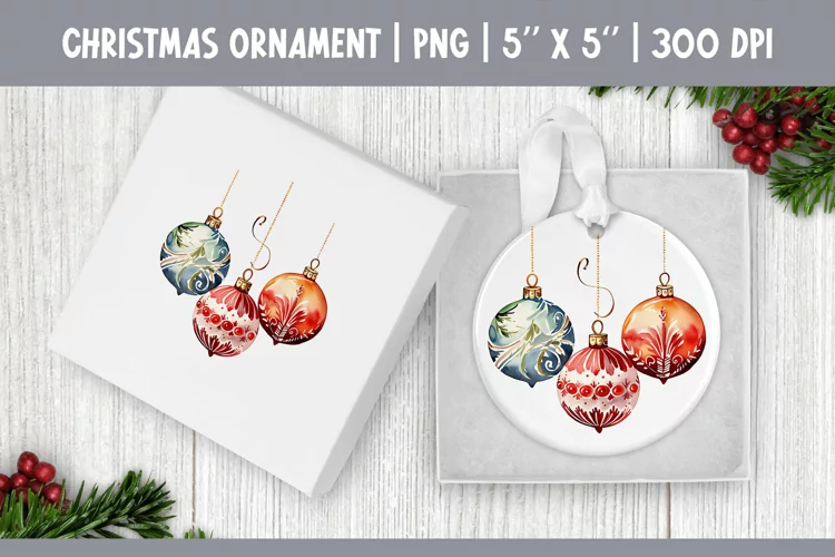 Watercolor Christmas Ornament Sublimation Design PNG