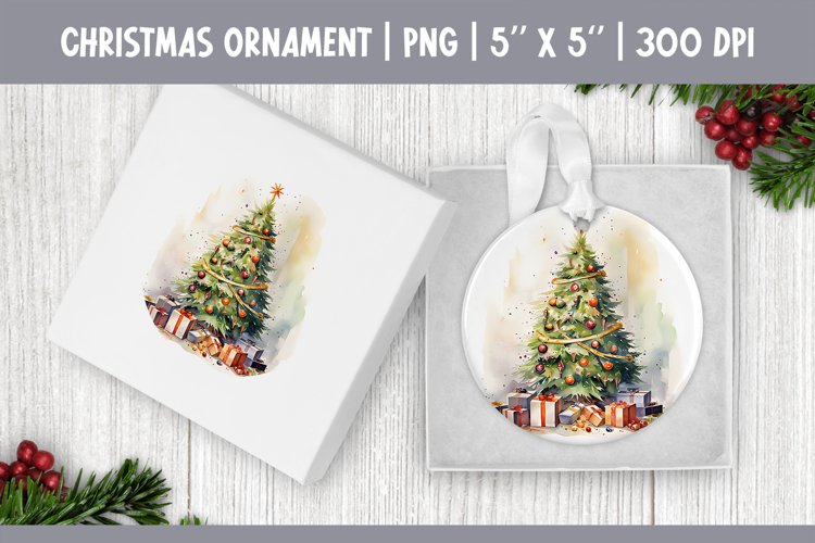 Watercolor Christmas Tree | Ornament Sublimation Design PNG example image 1