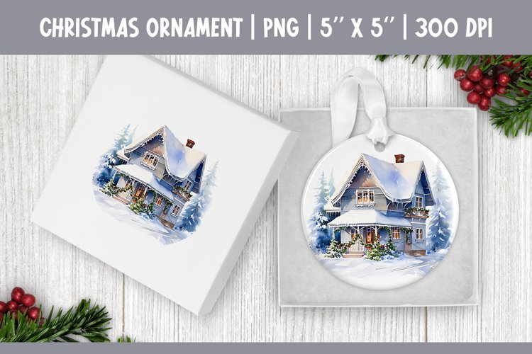Watercolor Christmas House | Ornament Sublimation Design PNG