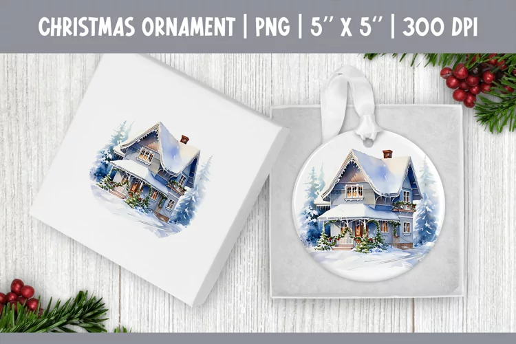 Watercolor Christmas House | Ornament Sublimation Design PNG