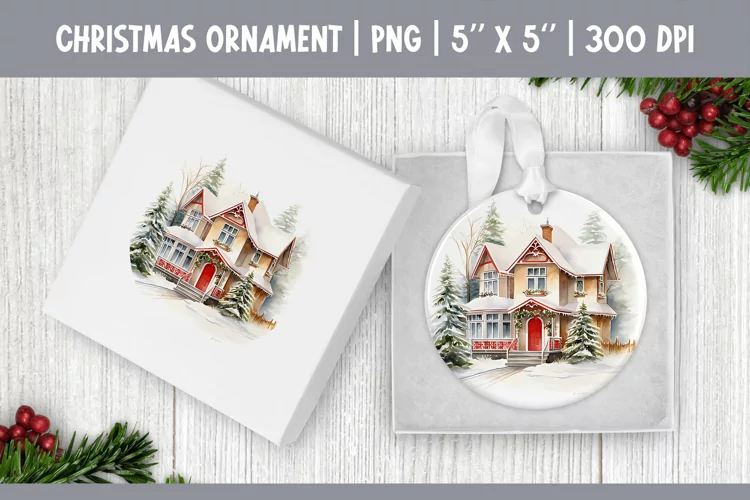 Watercolor Christmas House | Ornament Sublimation Design PNG