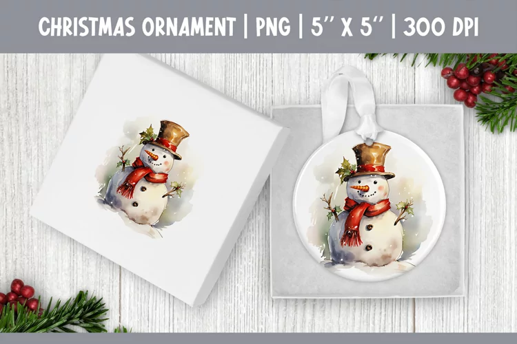 Watercolor Christmas Snowman| Ornament Sublimation Design
