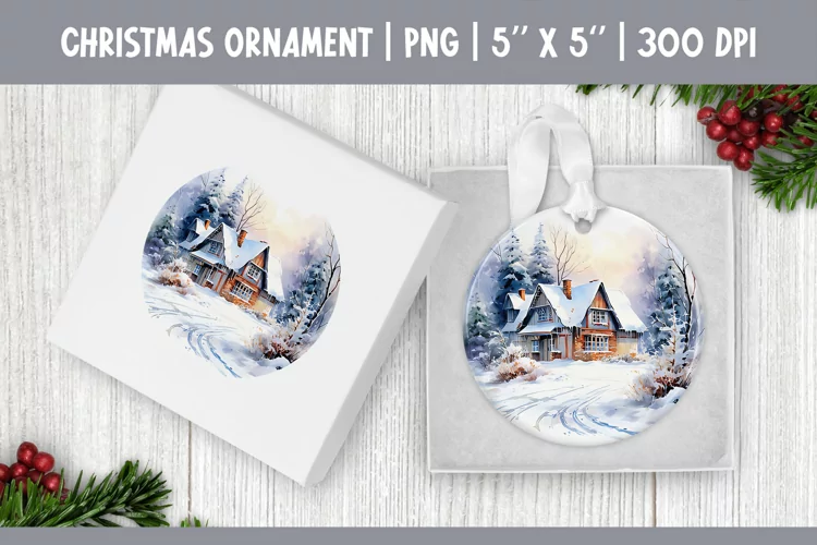 Watercolor Christmas House | Ornament Sublimation Design PNG