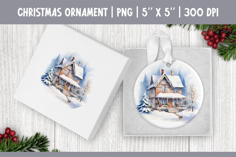 Watercolor Christmas House | Ornament Sublimation Design PNG