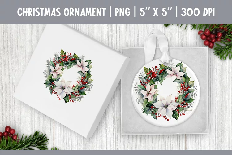 Watercolor Christmas Wreath| Ornament Sublimation Design PNG