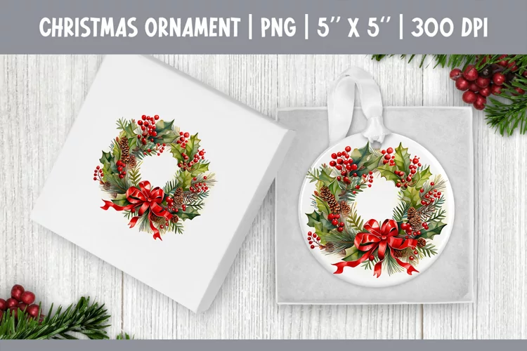 Watercolor Christmas Wreath| Ornament Sublimation Design PNG
