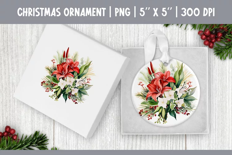Watercolor Christmas Flowers Ornament Sublimation Design PNG