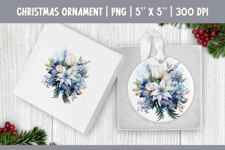 Watercolor Christmas Flowers Ornament Sublimation Design PNG