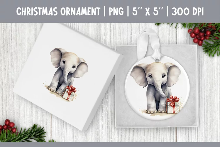 Watercolor Christmas Elephant Ornament Sublimation Design