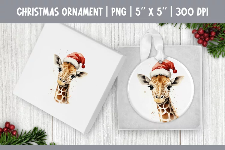 Watercolor Christmas Giraffe Ornament Sublimation Design