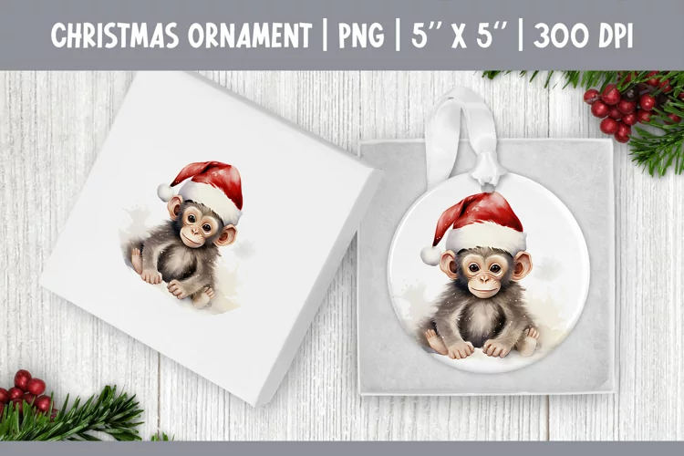 Watercolor Christmas Monkey Ornament Sublimation Design PNG