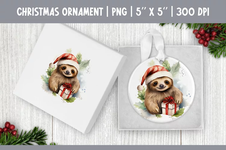 Watercolor Christmas Sloth Ornament Sublimation Design PNG