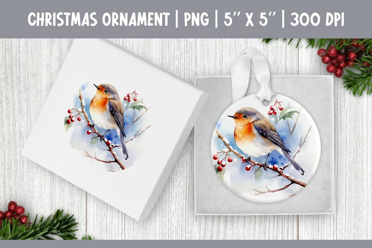 Watercolor Christmas Bird Ornament Sublimation Design PNG