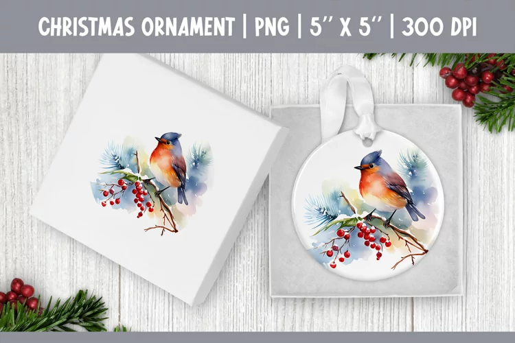 Watercolor Christmas Bird Ornament Sublimation Design PNG