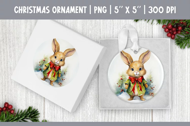 Watercolor Christmas Rabbit Ornament Sublimation Design PNG