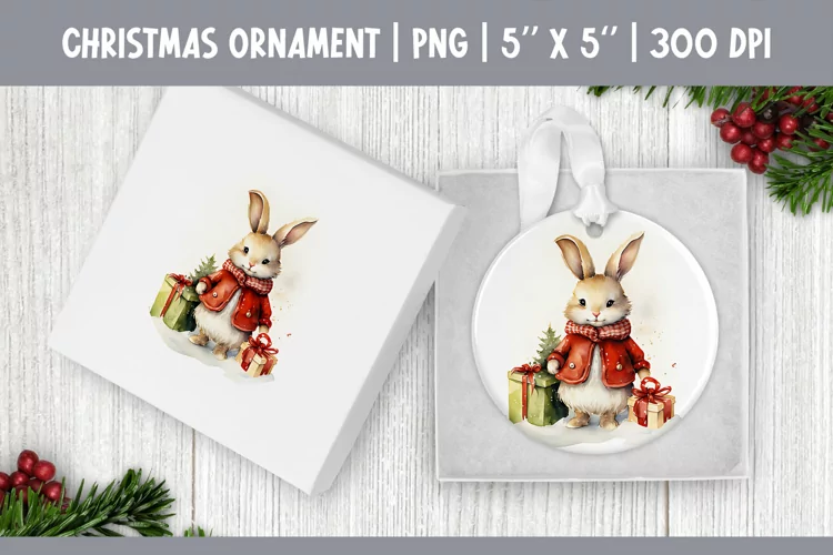 Watercolor Christmas Rabbit Ornament Sublimation Design PNG