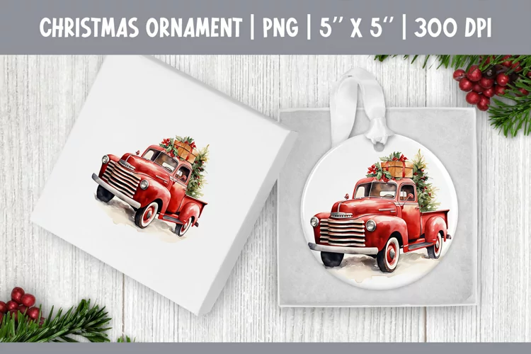 Watercolor Christmas Red Truck Ornament Sublimation Design