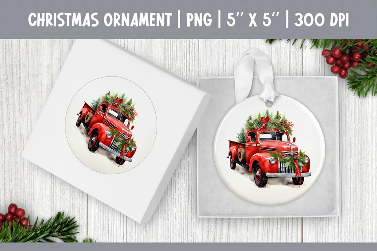 Watercolor Christmas Red Truck Ornament Sublimation Design