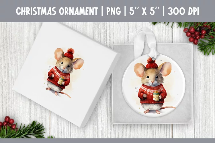 Watercolor Christmas Mouse Ornament Sublimation Design PNG