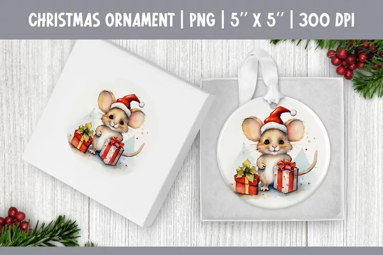 Watercolor Christmas Mouse Ornament Sublimation Design PNG