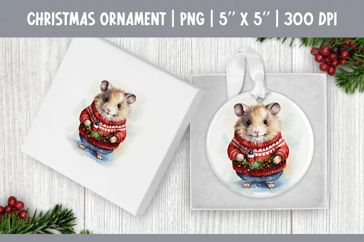 Watercolor Christmas Hamster Ornament Sublimation Design PNG
