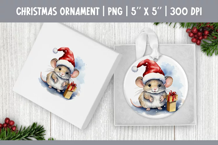 Watercolor Christmas Mouse Ornament Sublimation Design PNG