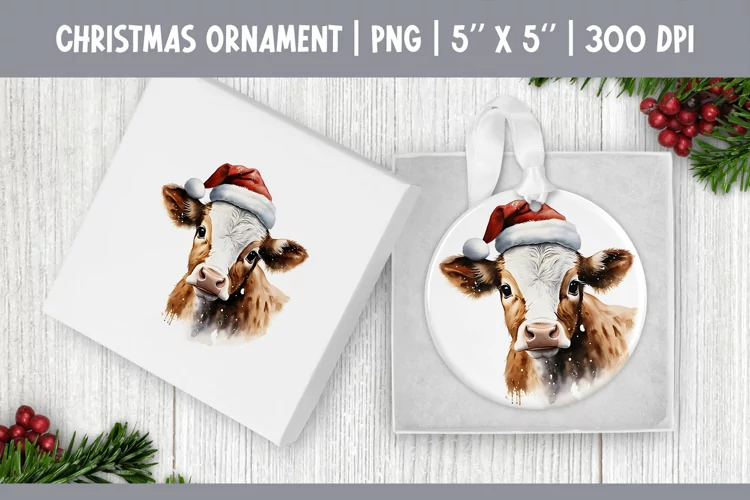 Watercolor Christmas Cow Ornament Sublimation Design PNG