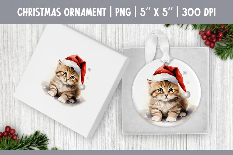 Watercolor Christmas Kitten Ornament Sublimation Design PNG