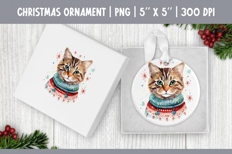 Watercolor Christmas Kitten Ornament Sublimation Design PNG