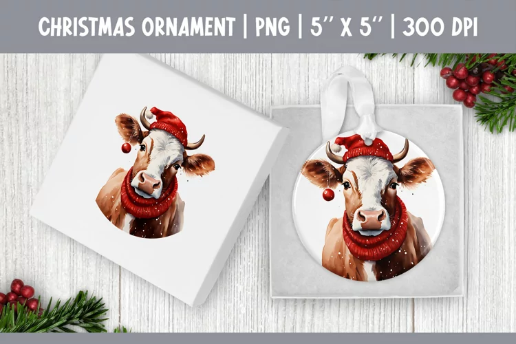 Watercolor Christmas Cow Ornament Sublimation Design PNG