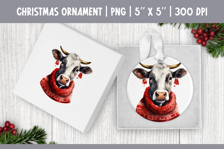 Watercolor Christmas Cow Ornament Sublimation Design PNG