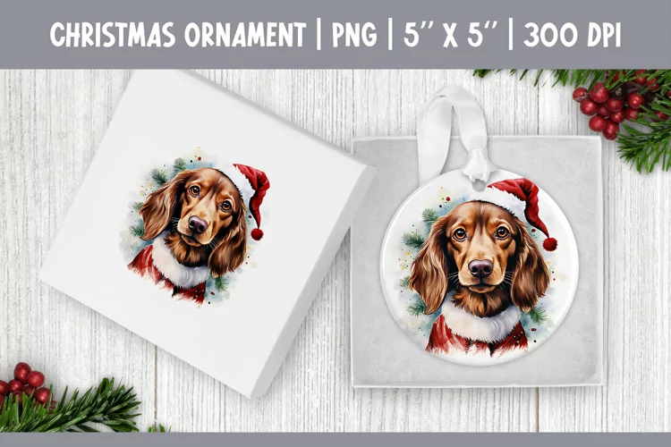 Watercolor Christmas Dog Ornament Sublimation Design PNG