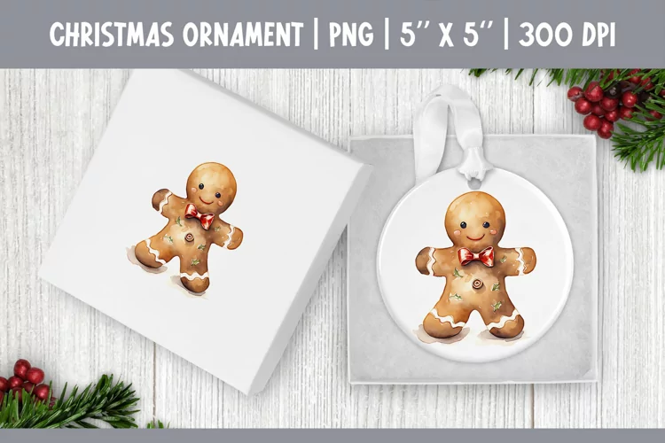 Watercolor Christmas Gingerbread Man Ornament Sublimation